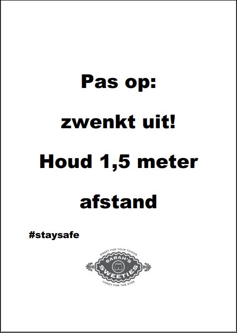 plaatje met de slogan: Pas op zwenkt uit! Houd 1,5 meter afstand